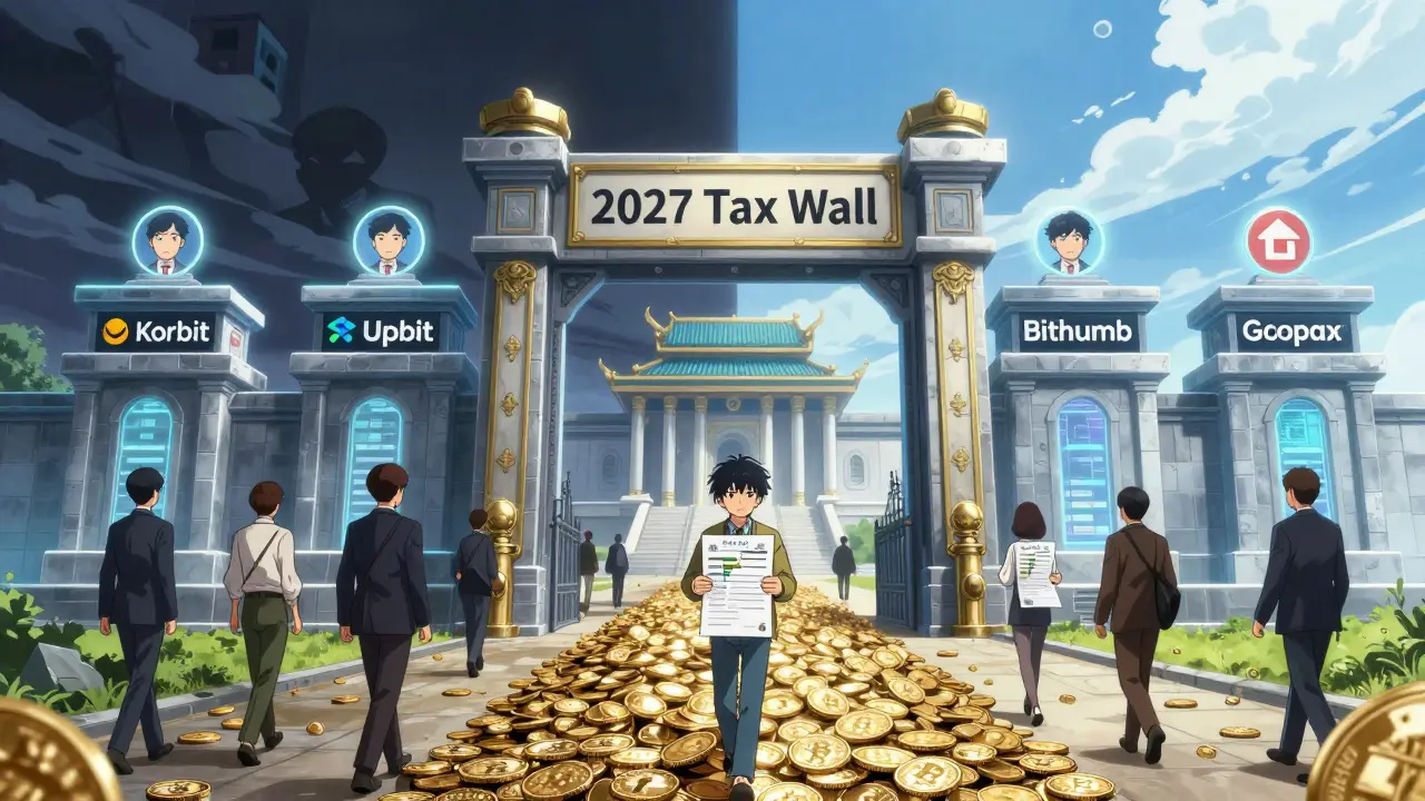 Un portail géant 'Impôt 2027' traverse le marché crypto coréen, avec cinq échanges principaux comme des temples protégés par les banques.