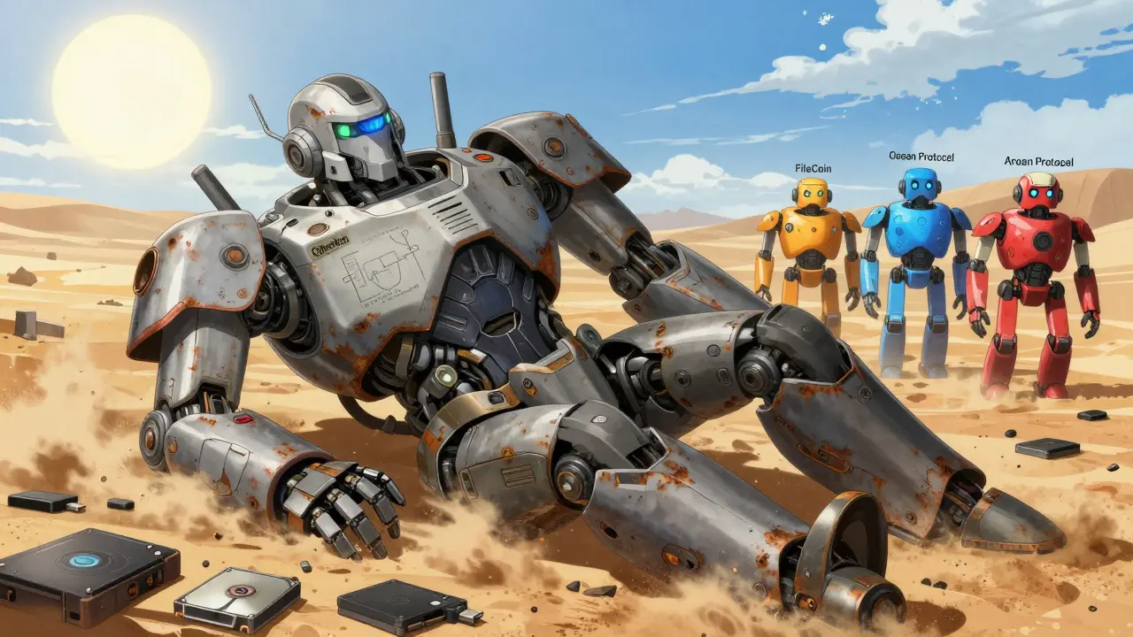 Un robot CyberVein brisé dans un désert de disques durs, tandis que d'autres projets avancent vers un soleil levant.