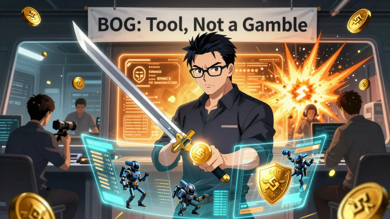 Un trader en labo DeFi utilise un jeton BOG pour activer des outils de trading avancés sur une chaîne BSC.