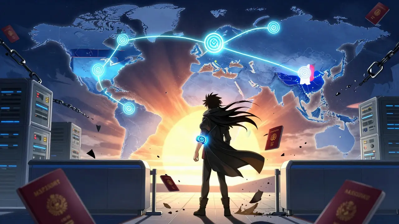 Un voyageur franchit un contrôle frontalier avec seulement une bague cryptographique, tandis que les passeports papier se transforment en poussière.
