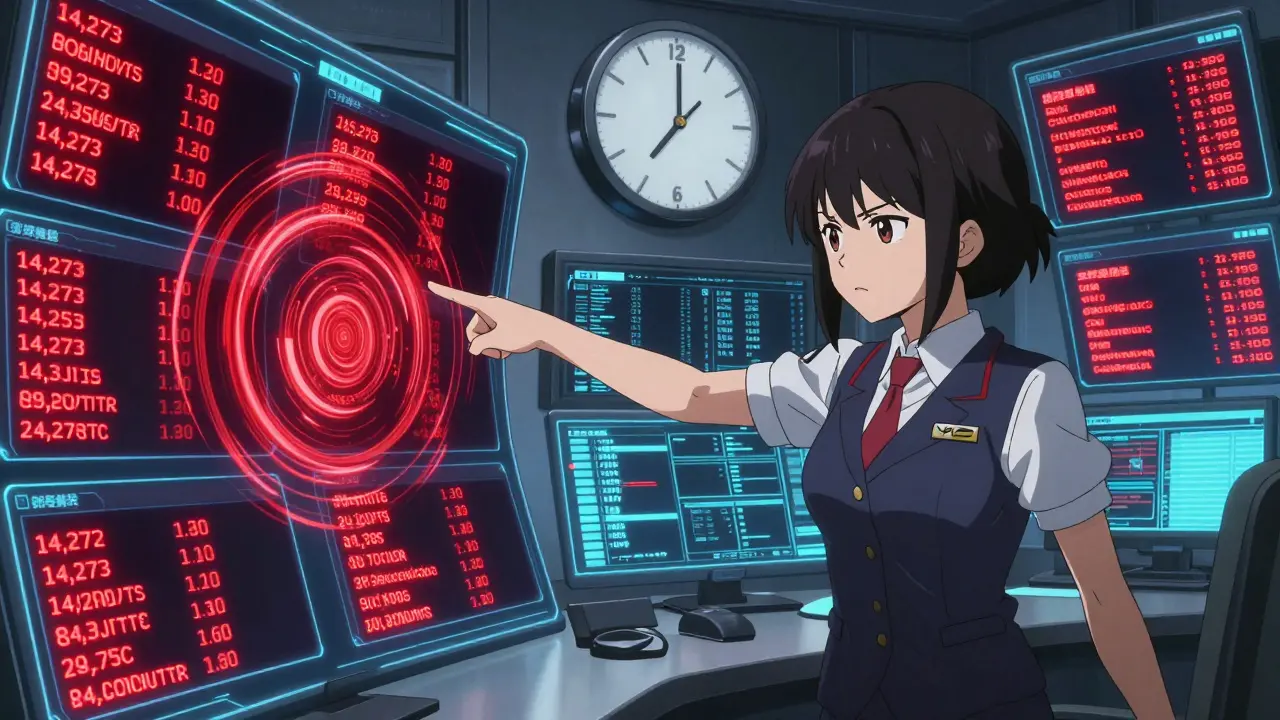 Une analyste bancaire surveille des flux de crypto en temps réel sur des écrans holographiques rouges.