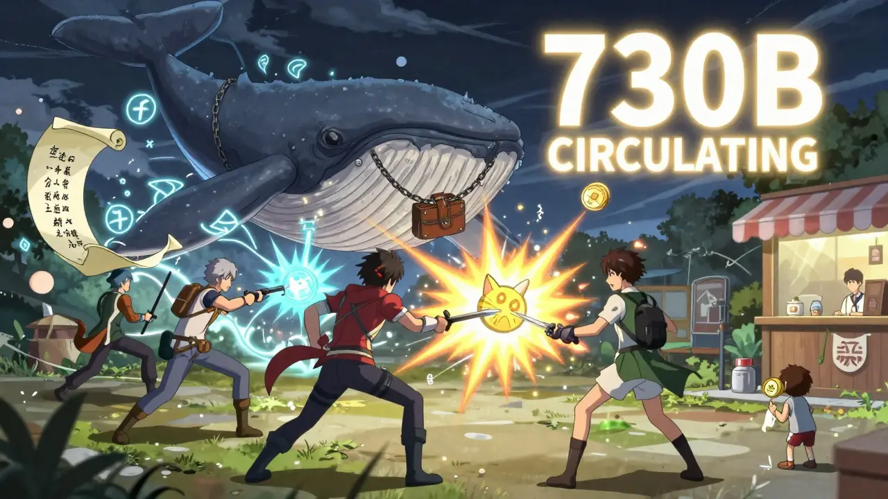 Une équipe de héros combat une créature 'Whale' avec des jetons WEN et des memes de chats.