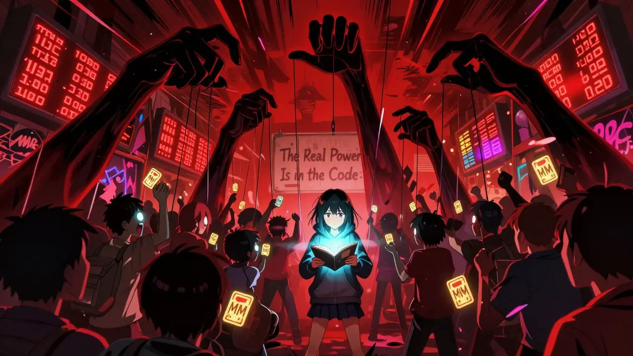 Une foule folle dans un marché cryptos, tirée par cinq mains sombres, tandis qu'une jeune fille tient un livre de code unique.
