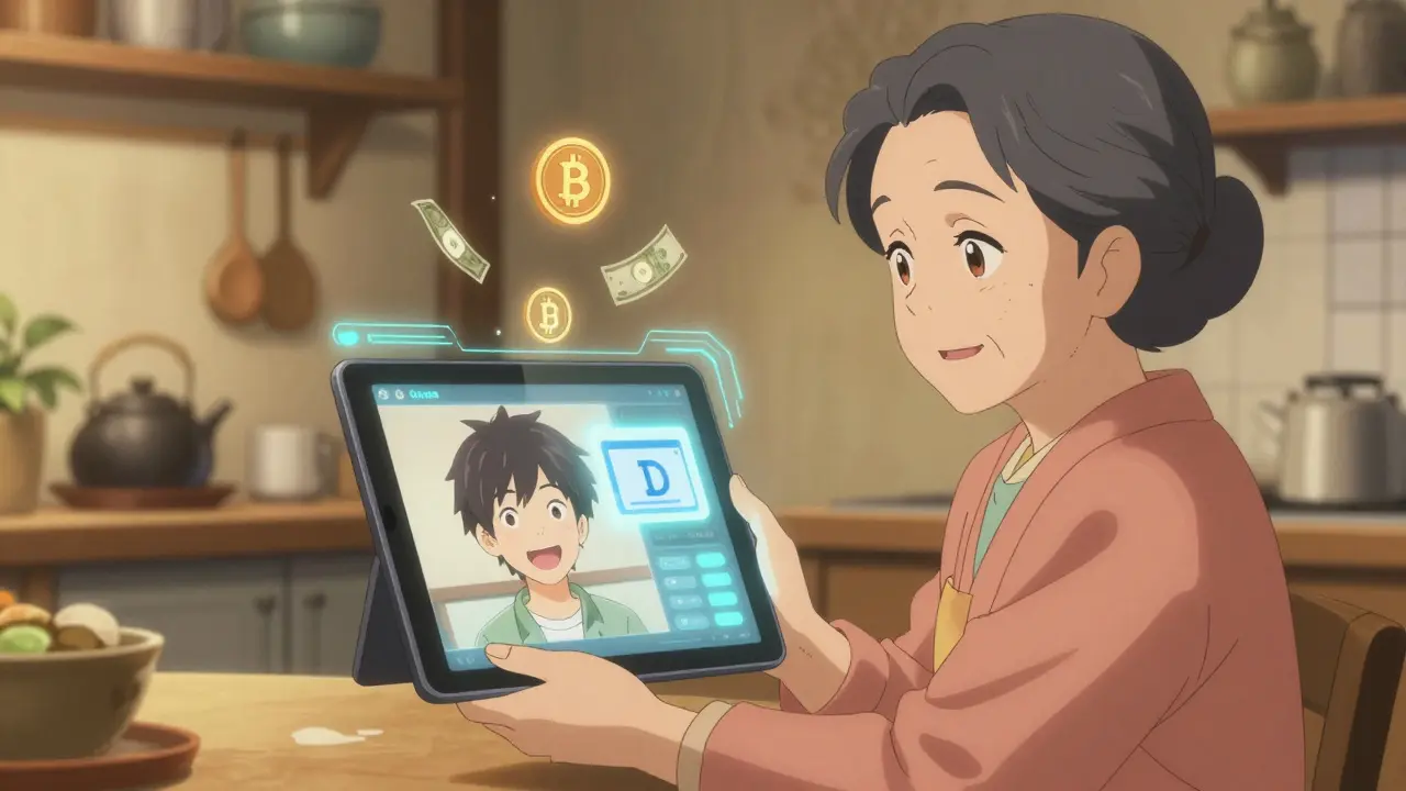 Une grand-mère regarde une image de son petit-fils sur un écran avec des paiements en euros.