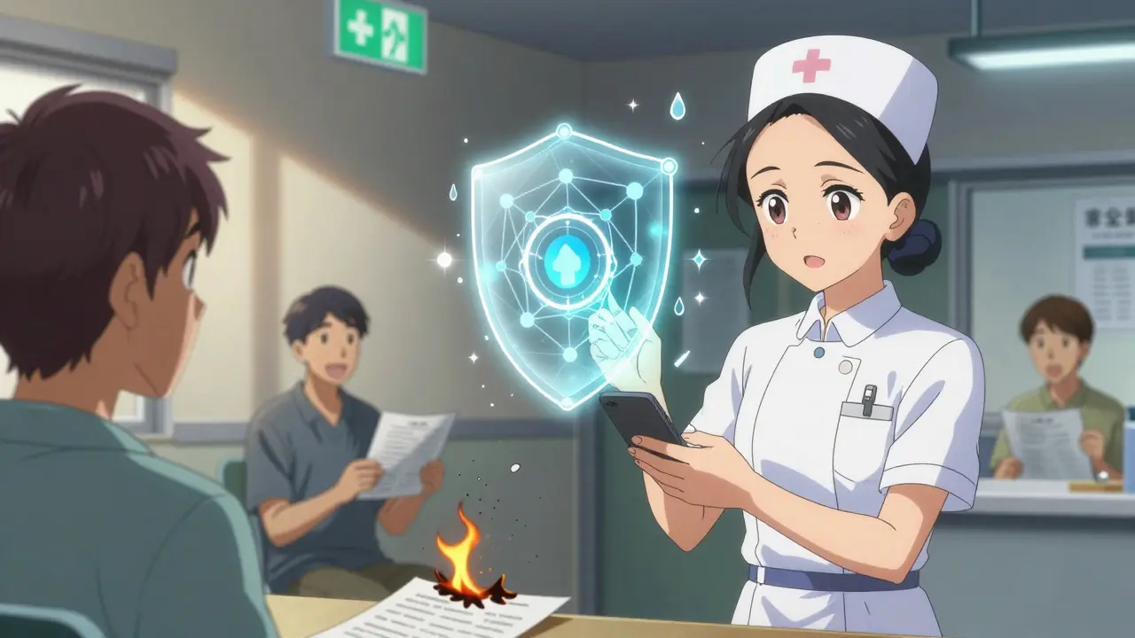 Une infirmière vérifie l'identité d'un patient grâce à un credentiel vérifiable blockchain, sans accès à ses données personnelles.