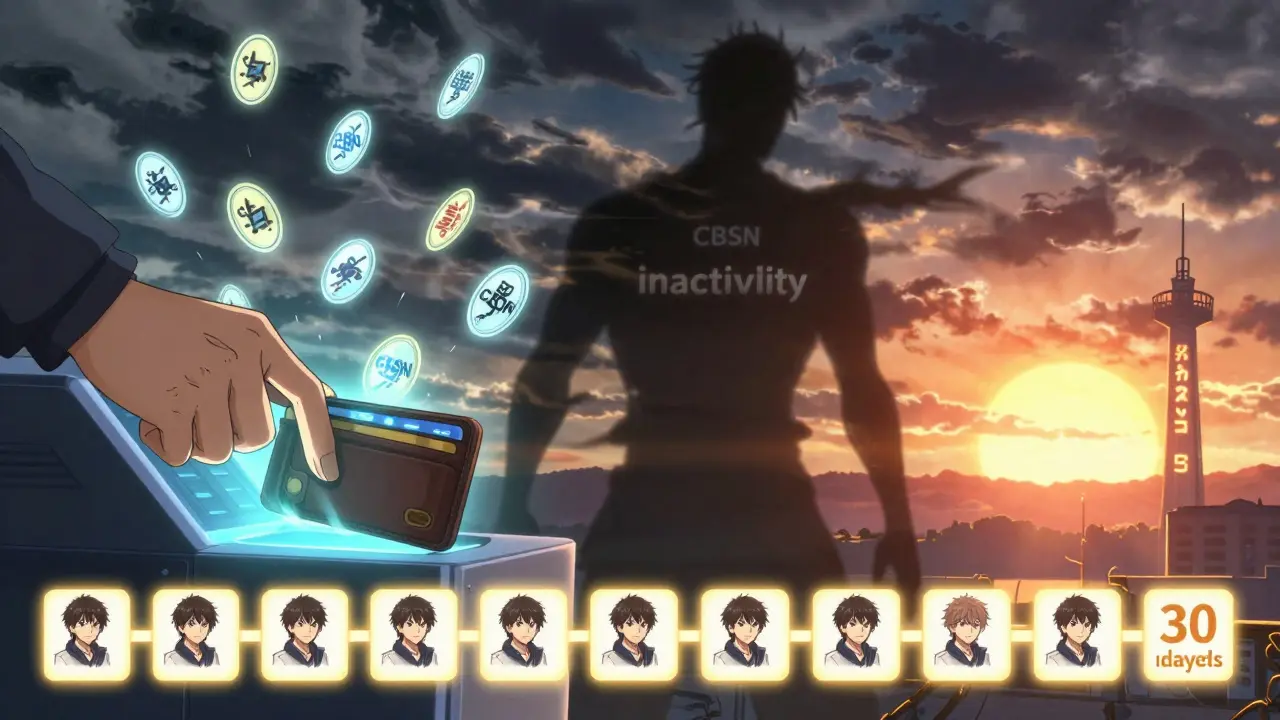 Une main insérant un portefeuille dans un terminal, avec des tokens en rotation et 30 jours actifs en lumière.