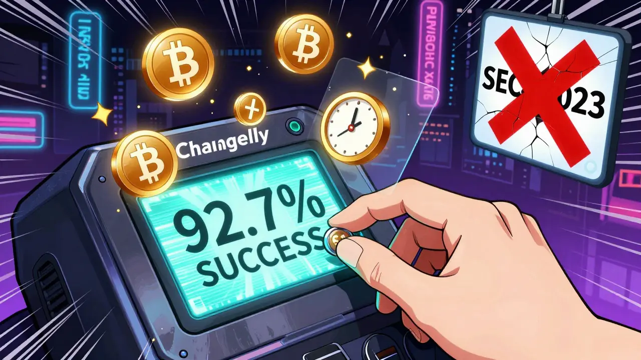 Une main insère un jeton CTC dans une machine Changelly, avec un écran affichant '92,7 % de réussite' et des symboles BTC/ETH qui émergent en étincelles.