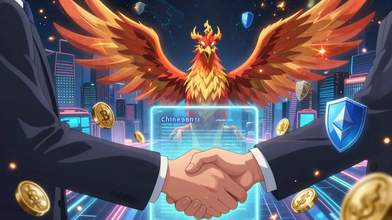 Une poignée de main numérique entre un investisseur et un avatar AI, entourée de jetons et de contrats intelligents.