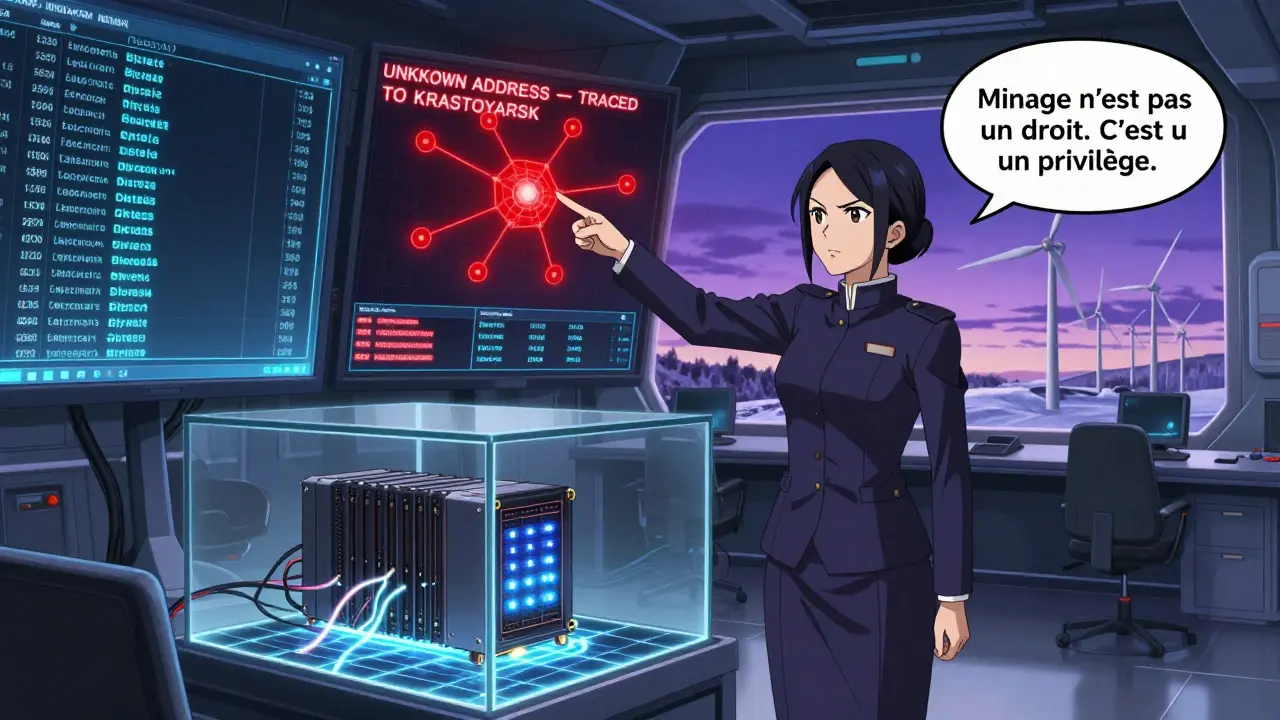 Une salle de contrôle gouvernementale affiche des adresses blockchain en temps réel, un rig unique pulse sous un ciel polaire violet.