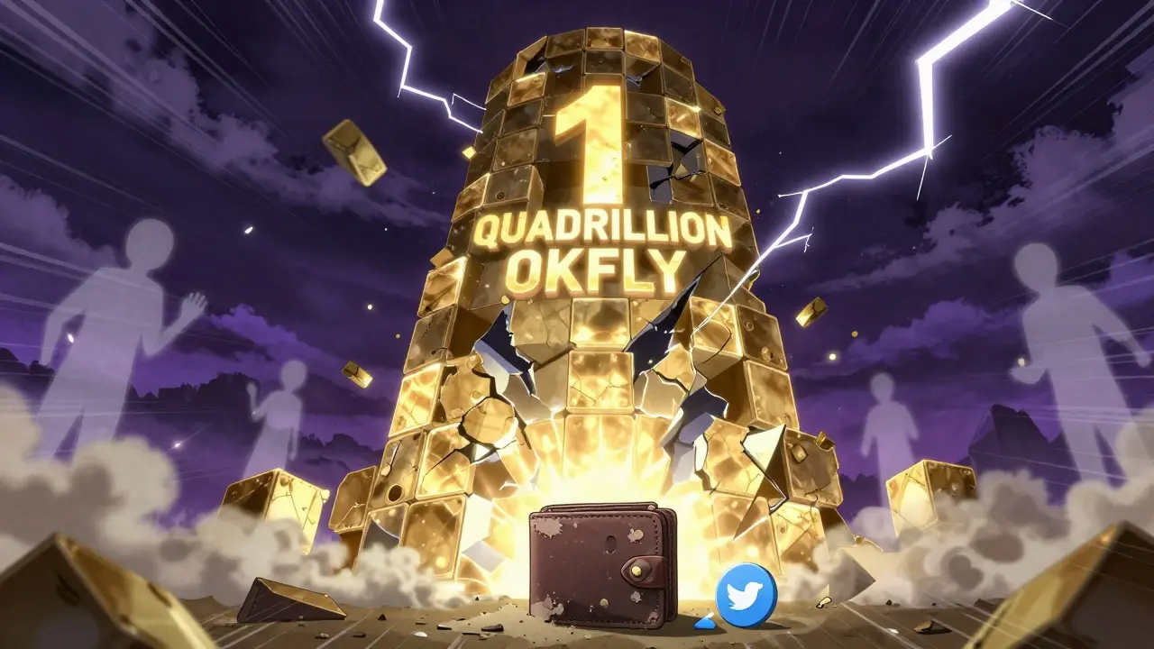 Une tour gigantesque en blocs blockchain s'effondre, avec un portefeuille oublié à sa base, sous un ciel orageux.