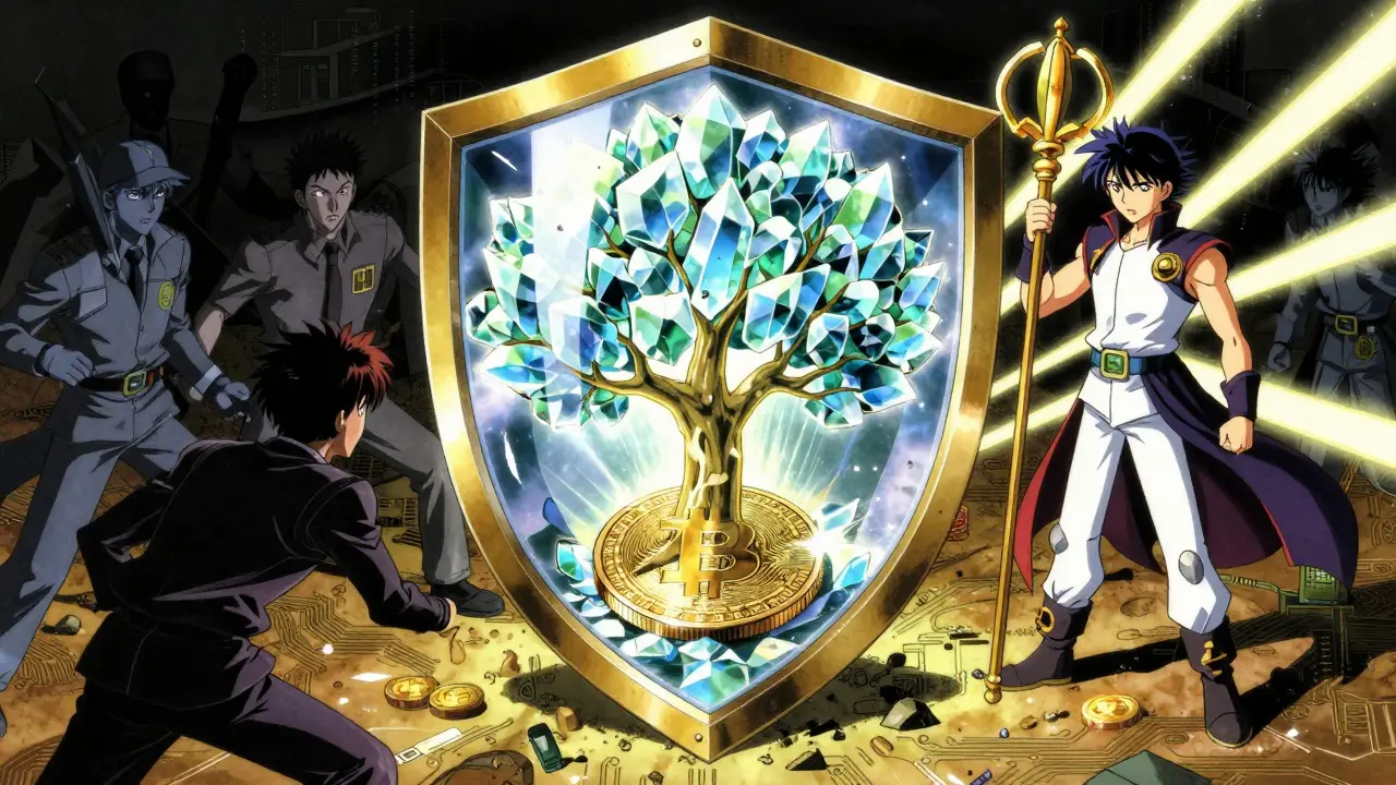 Allégorie visuelle d'un bouclier législatif protégeant une cryptomonnaie en pleine croissance.
