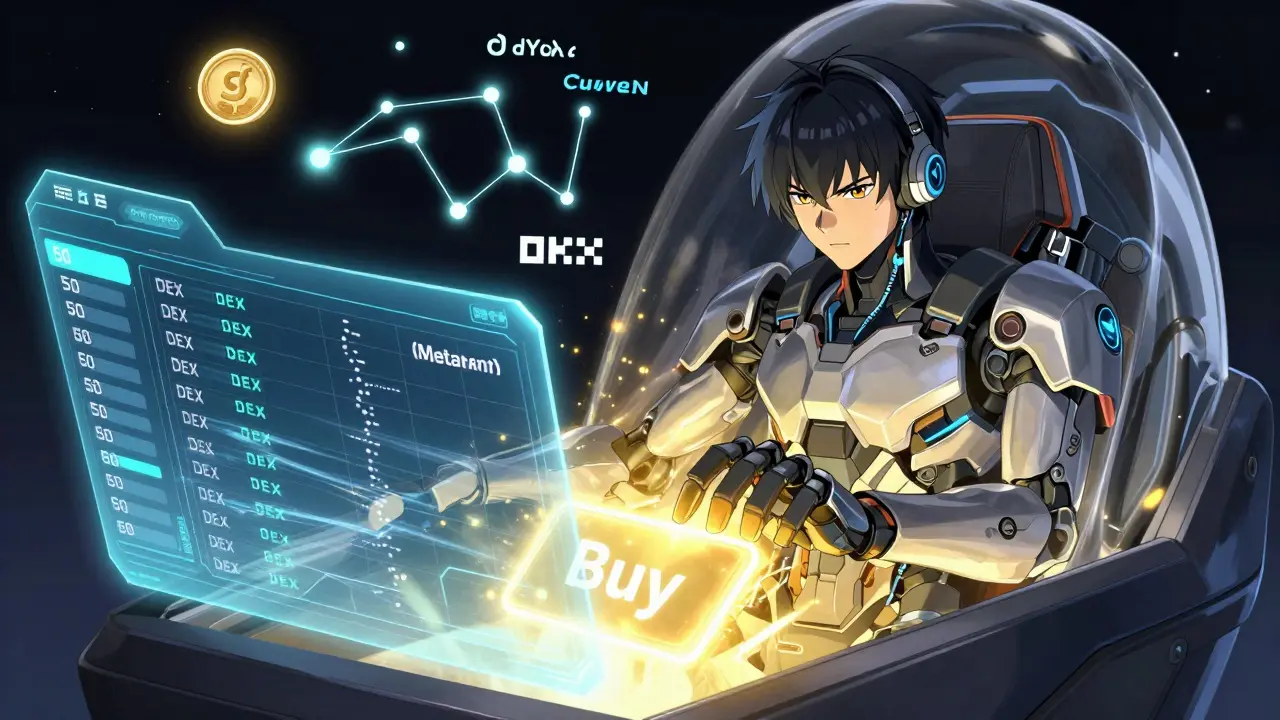 Apex Omni dans un mech holographique, fusionnant 50+ DEX en un seul échange fluide, piloté par un utilisateur confiant.