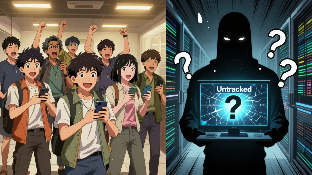 Contraste entre une communauté heureuse de traders en Asie du Sud-Est et une entité opaque marquée 'Untracked'.