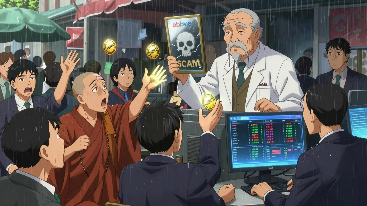 Des investisseurs en proie à un token falsifié ABBVX, reflétés dans un miroir révélateur d'une arnaque, dans un marché animé.