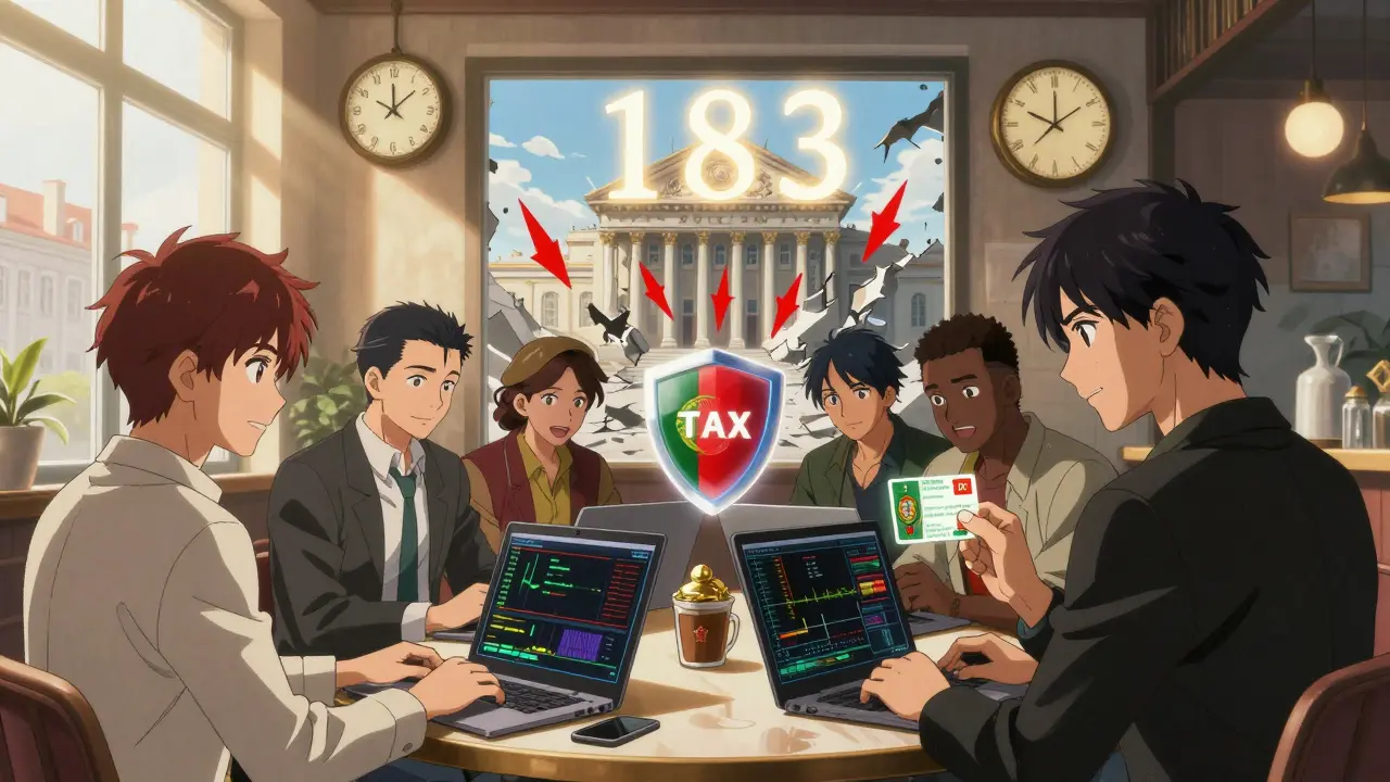 Des investisseurs européens à Lisbonne, protégés par un bouclier fiscal, regardant des graphiques crypto sous la lumière du soleil.