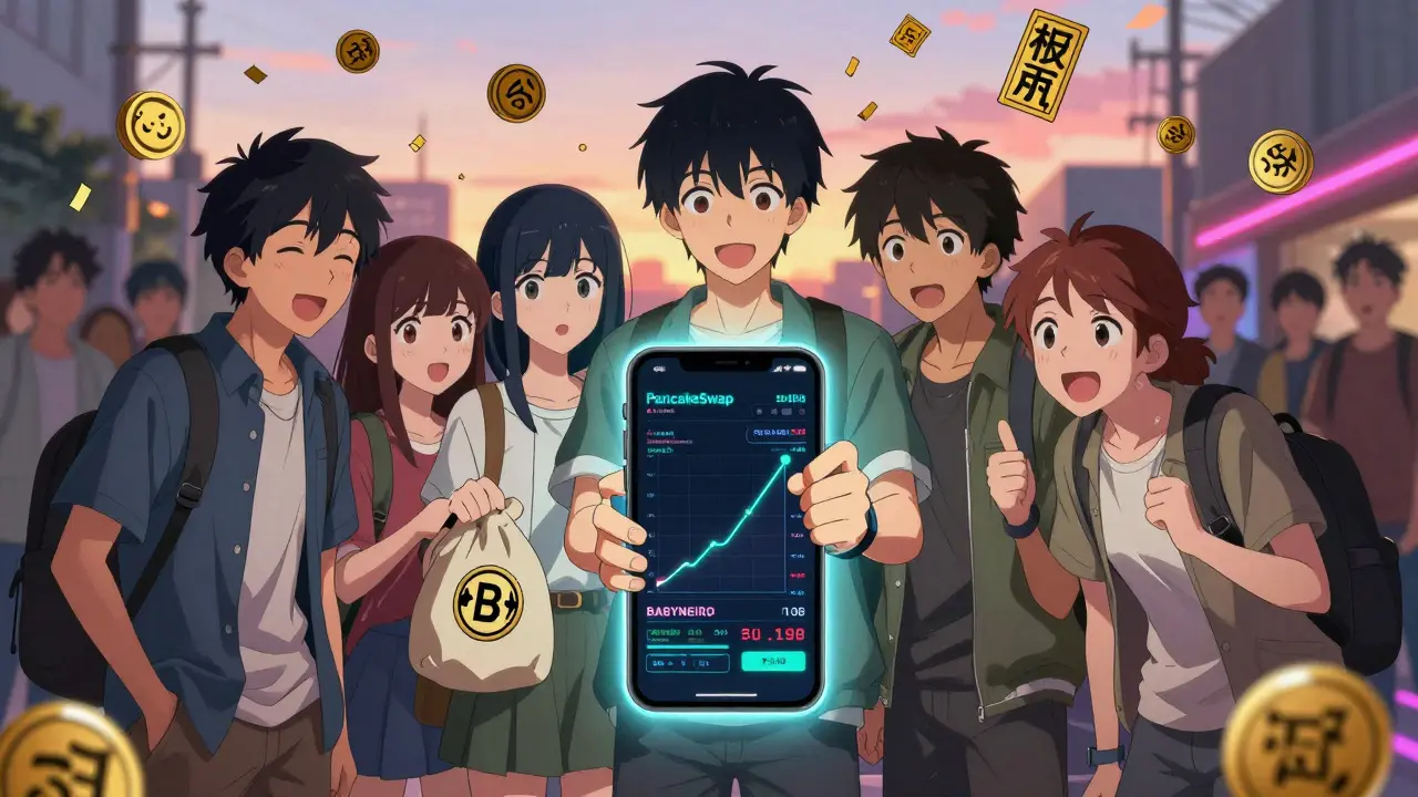 Des jeunes gens regardent un écran de PancakeSwap avec des jetons BABYNEIRO qui flottent autour d'eux
