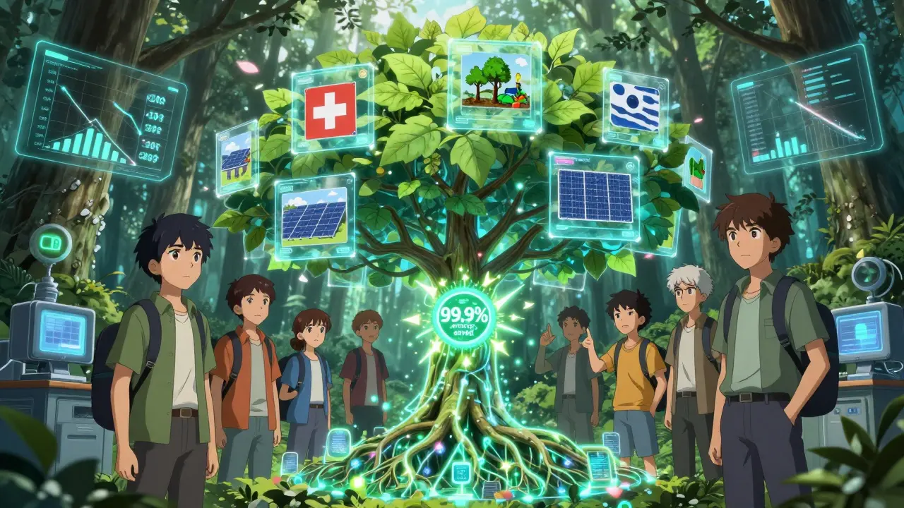 Des jeunes innovateurs observent un arbre blockchain holographique dont les feuilles affichent des transactions écologiques en temps réel.