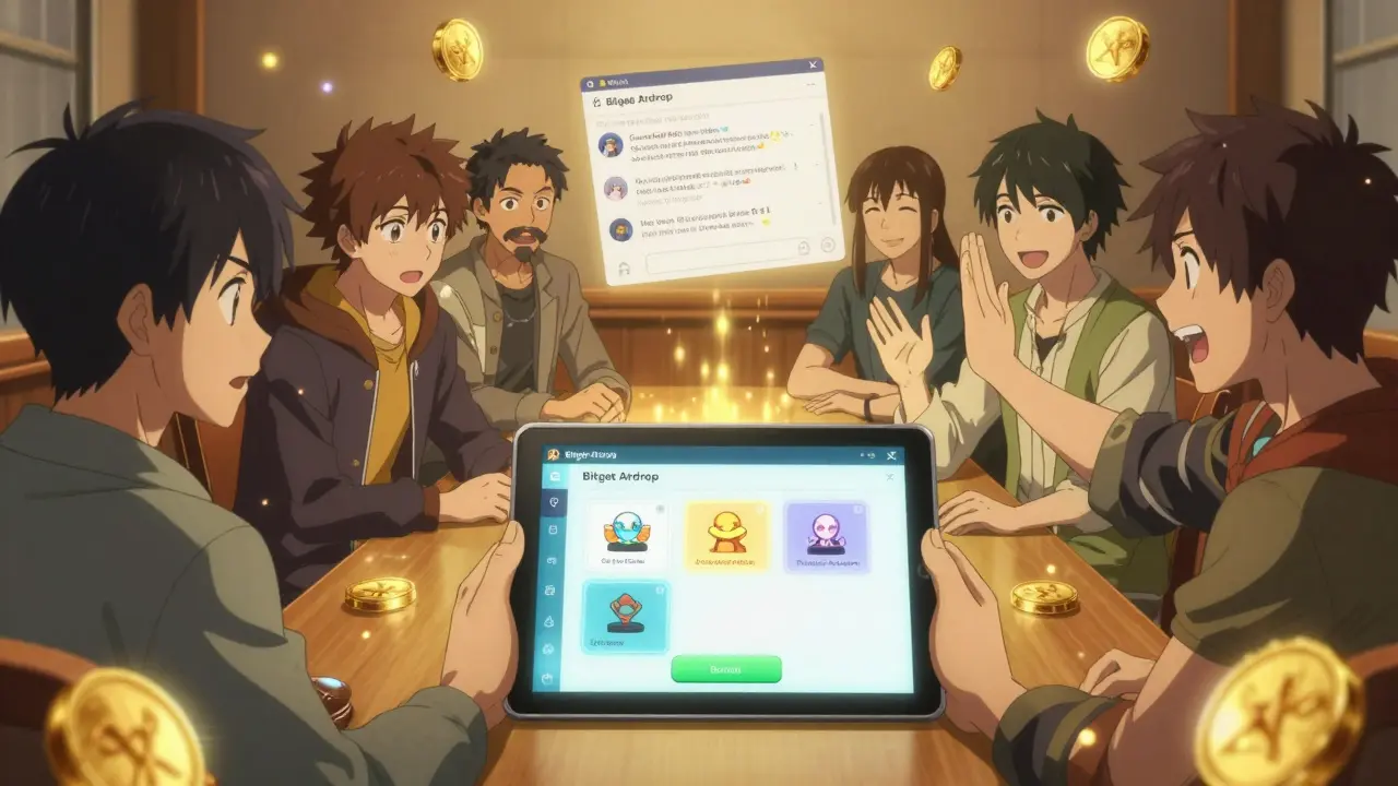 Des joueurs du monde entier accomplissent des défis sur une tablette lumineuse, entourés de jetons KABY flottants et de lumières chaleureuses.