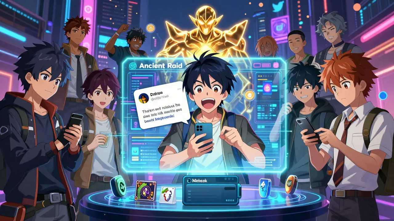 Des joueurs regardent un écran holographique affichant l'airdrop Ancient Raid, des NFTs apparaissent en flottant.