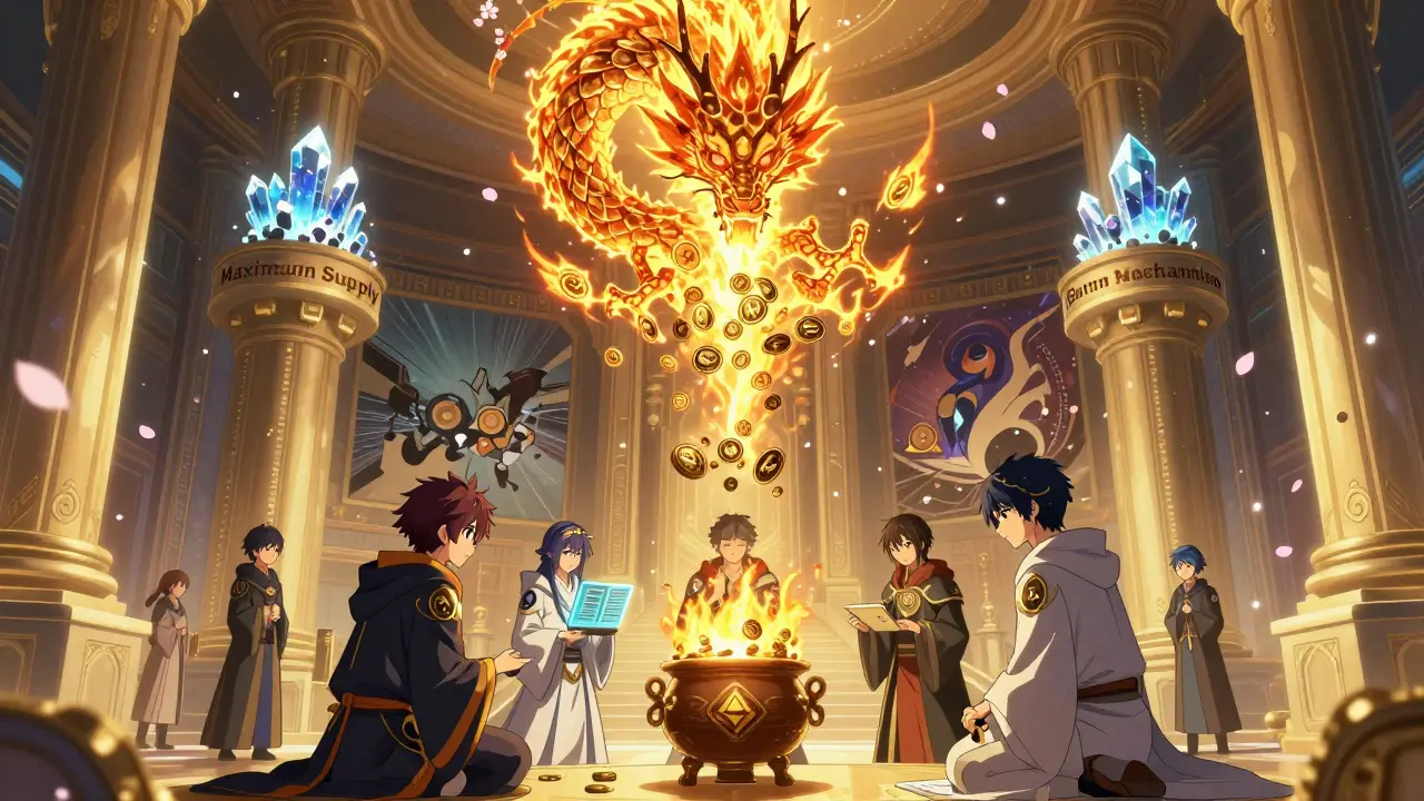 Des spécialistes effectuent un rituel de brûlage de tokens dans un temple blockchain, sous un ciel de code en fleurs.