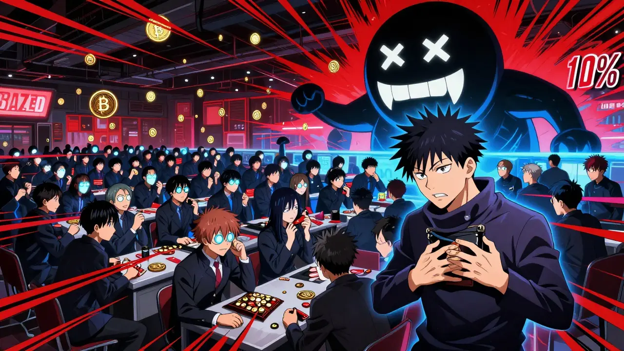 Des traders dans une salle souterraine perdent leurs tokens BAZED à cause de taxes cachées qui les dévorent.