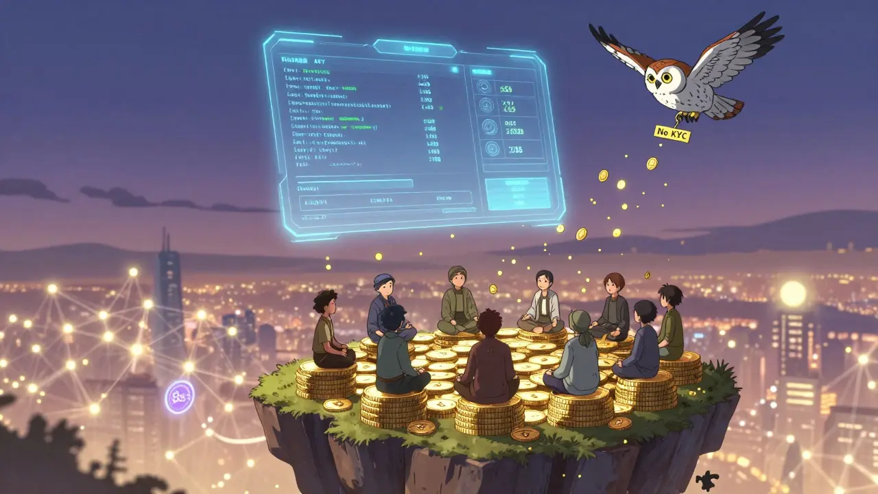 Des traders méditent sur un îlot de jetons, tandis que des particules de rendement s'élèvent dans le ciel nocturne.