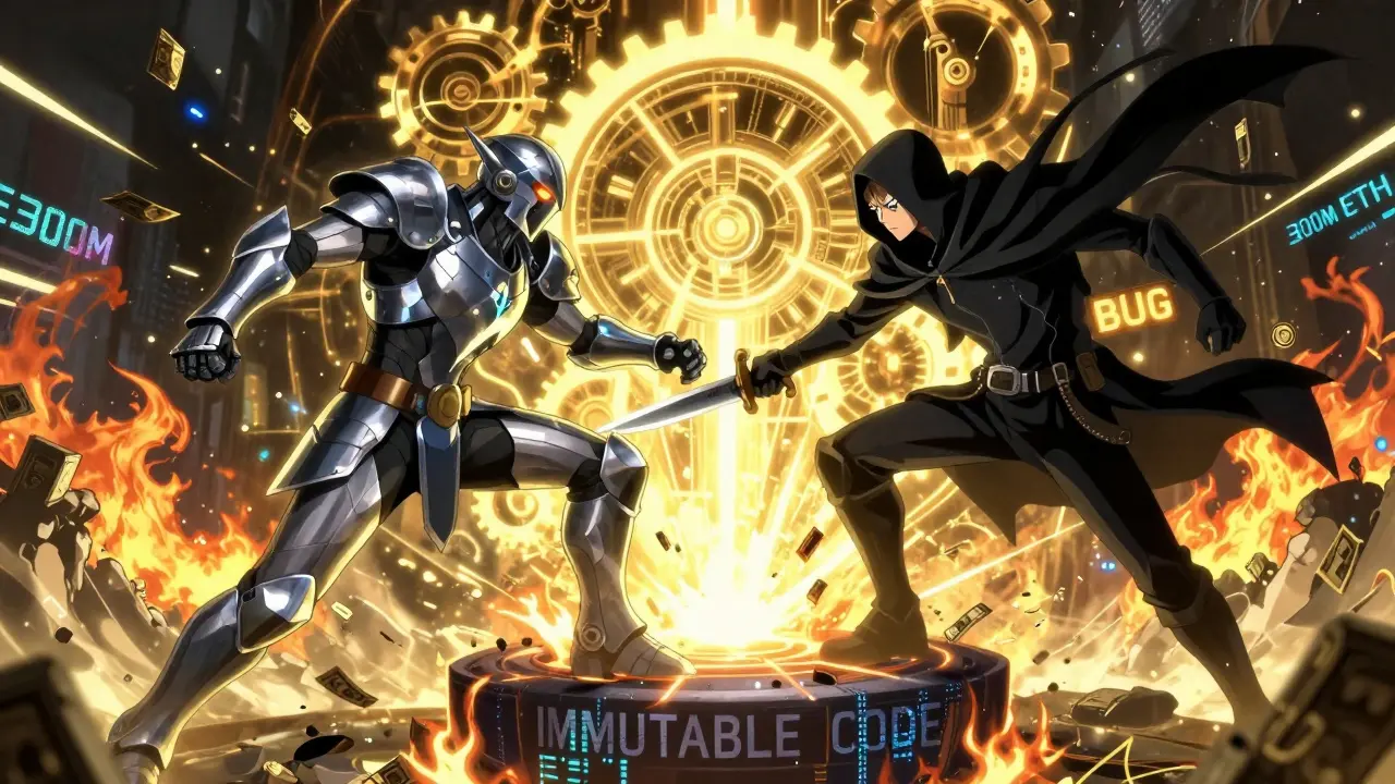 Deux guerriers spectrals s'affrontent sur un contrat : l'un incarne l'immuabilité, l'autre une faille de code, dans une scène inspirée du hack Parity Wallet.