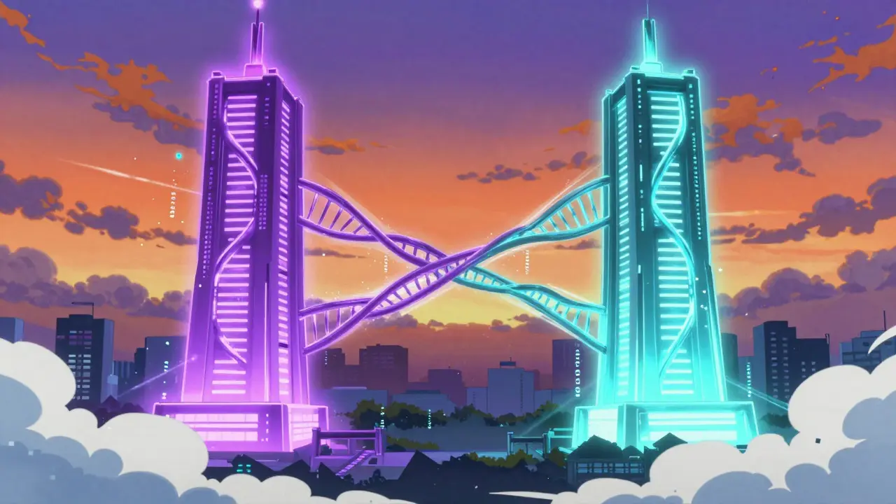 Deux tours blockchain connectées par des particules lumineuses.