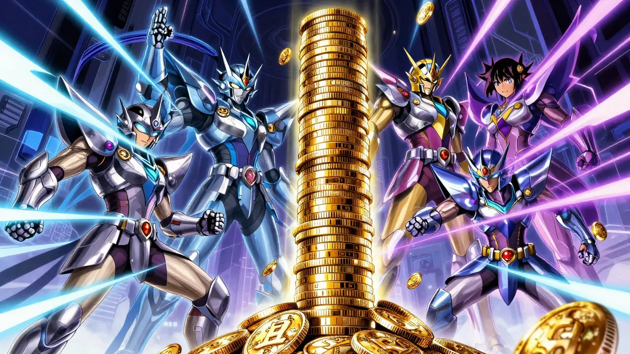 Gardiens armés protègent des piles de pièces dorées avec énergie violette.