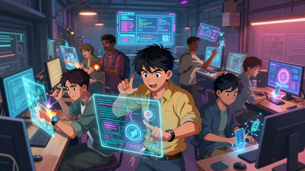 Groupes d'étudiants développant des technologies blockchain dans un environnement urbain animé.