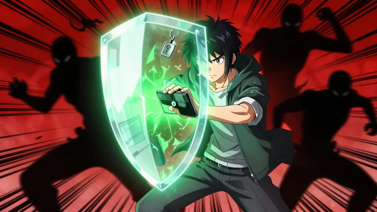 Héros anime active un bouclier lumineux contre des ombres menaçantes rouges.