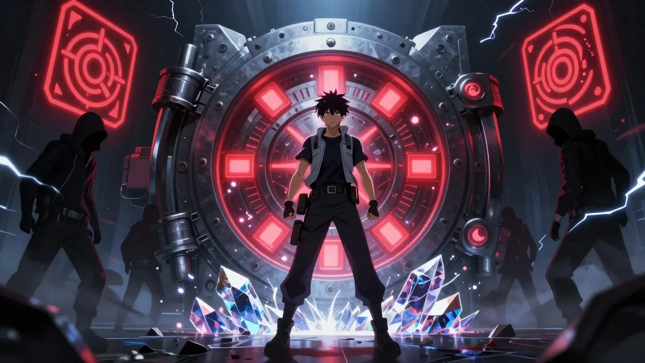 Héros face à un coffre blockchain avec symboles d'avertissement