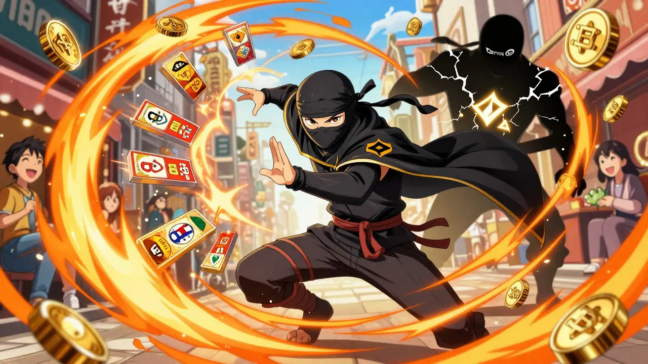 PancakeSwap en ninja orange, lançant des loteries et des pièces CAKE dans un marché animé, avec une ombre de centralisation derrière lui.