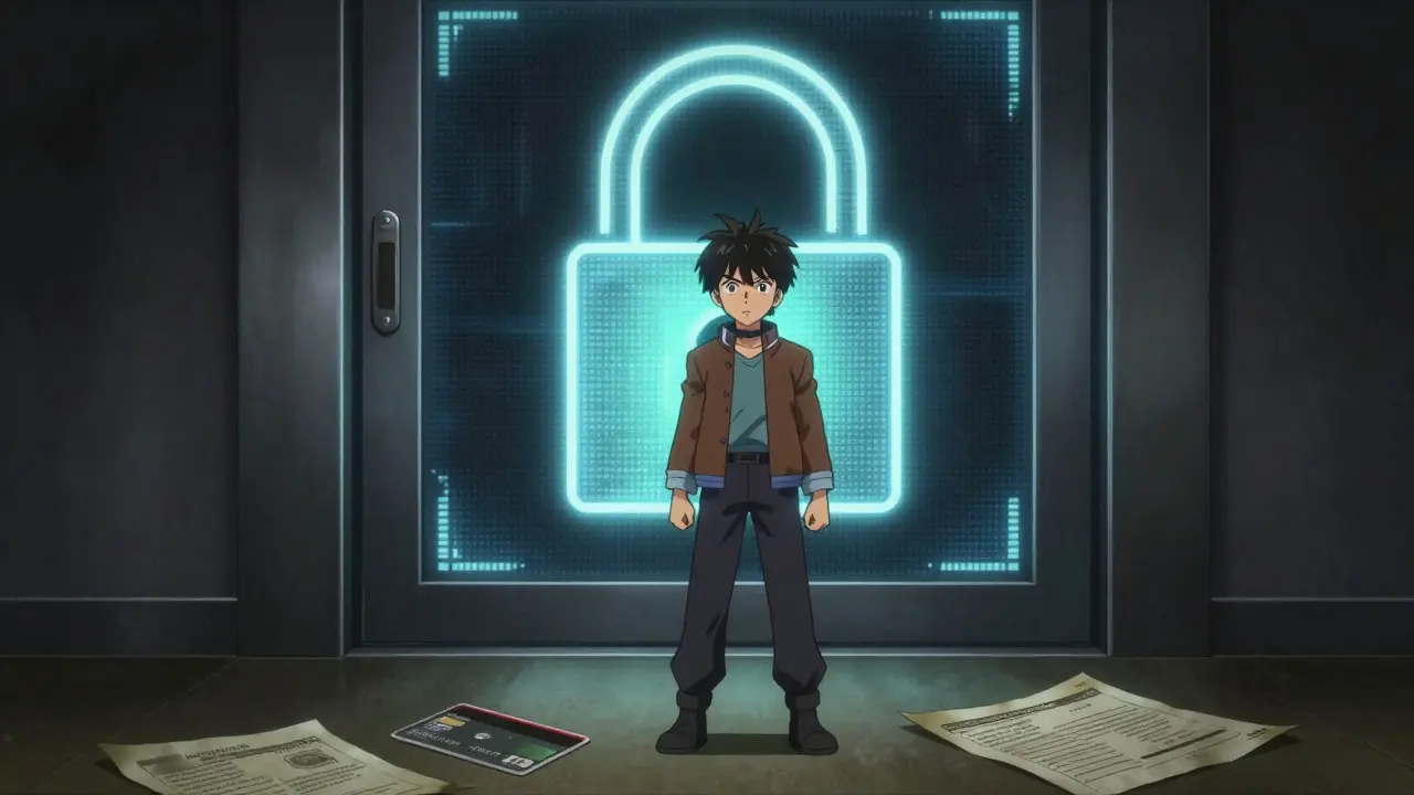 Personnage de dessin animé devant une porte verrouillée et des documents bancaires papier.