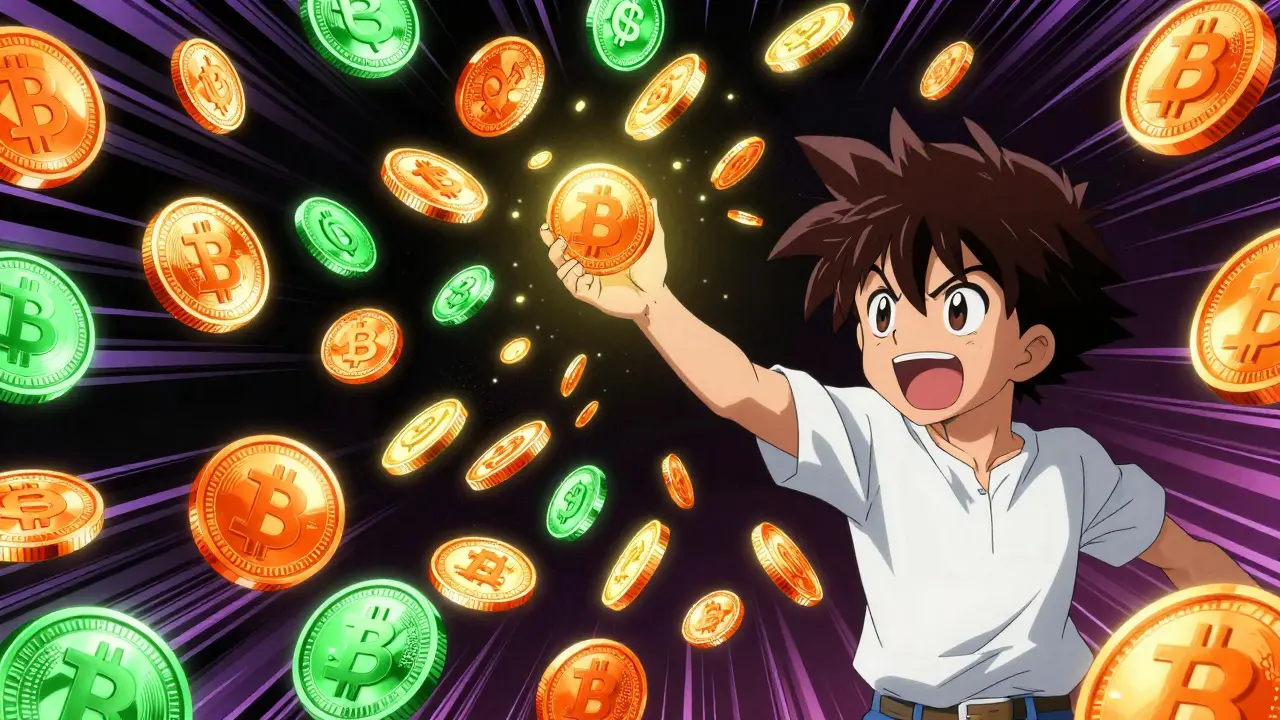 Personnage touchant des pièces de cryptomonnaie holographiques colorées flottant dans les airs.