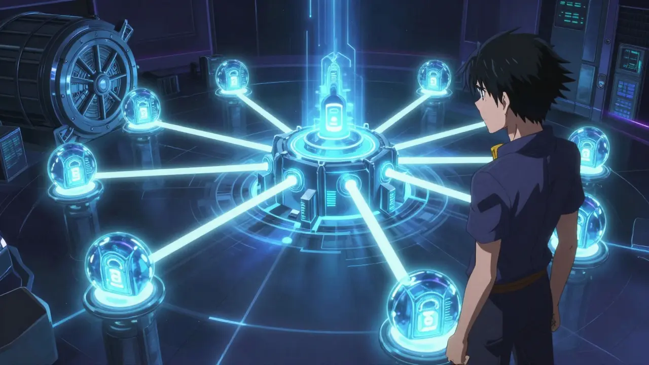 Réseau de sécurité cloud distribué protégeant un coffre-fort numérique avec des boucliers énergétiques.