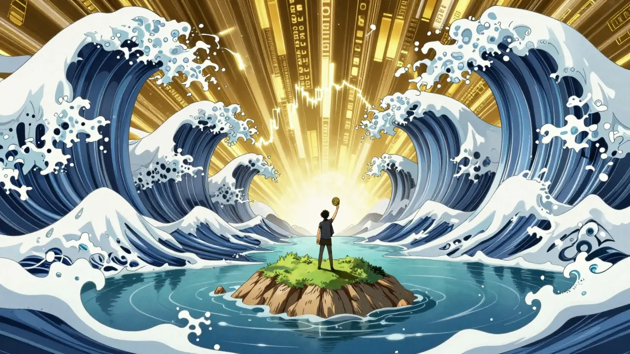 Scène manga opposant une petite île de liquidité à d'immenses vagues de marchés mondiaux.