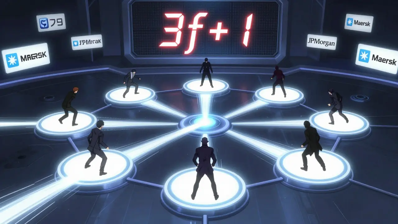 Sept nœuds validateurs émettent des lumières synchronisées, trois entités sombres tentent de corrompre la transaction.