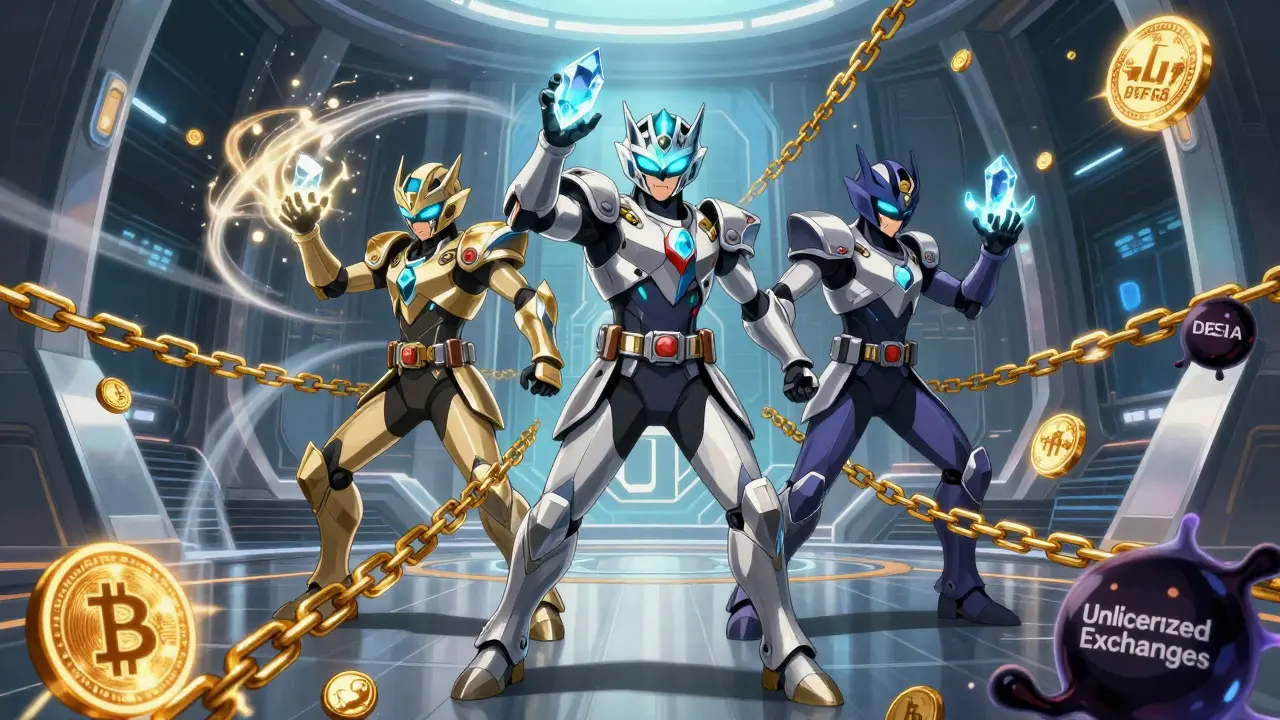 Trois gardiens régulateurs combattent des entités illégales de crypto, chacun avec un cristal représentant leur juridiction, dans un décor high-tech.