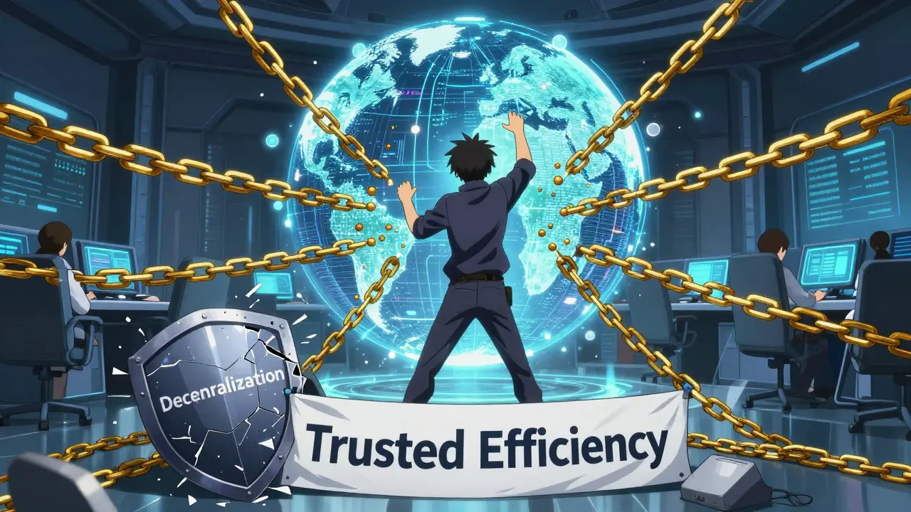 Un administrateur ajoute un nouveau nœud à un réseau blockchain corporatif, des chaînes brisées et un globe lumineux en arrière-plan.