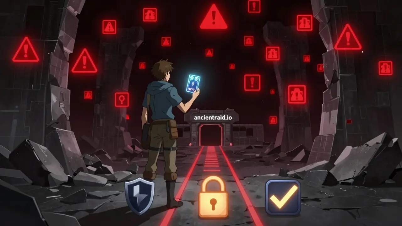 Un aventurier tient un NFT lumineux face à un vide rempli de liens dangereux, un chemin sûr le guide vers un portail sécurisé.