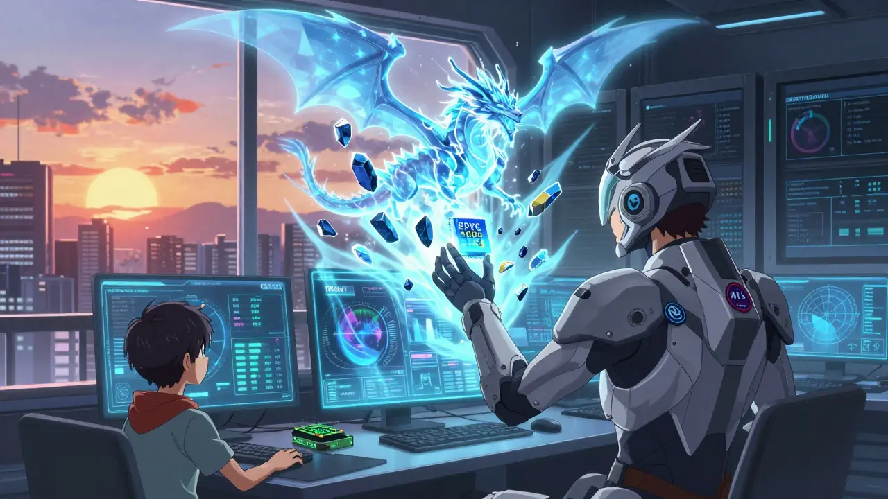 Un centre de données futuriste avec des validateurs en armure surveillant des tableaux de bord holographiques et un dragon de blockchain.