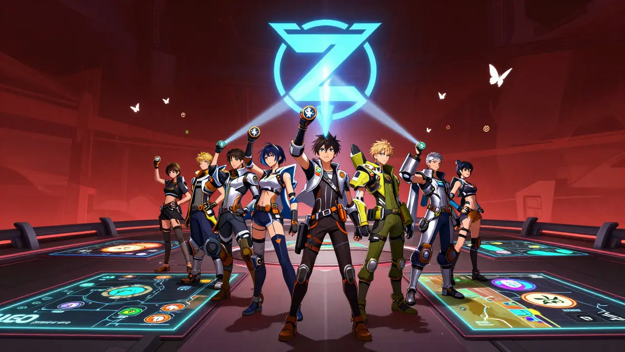 Un groupe de joueurs connectés à un logo BlueZilla géant, entouré de marchés et de projets de jeux blockchain.