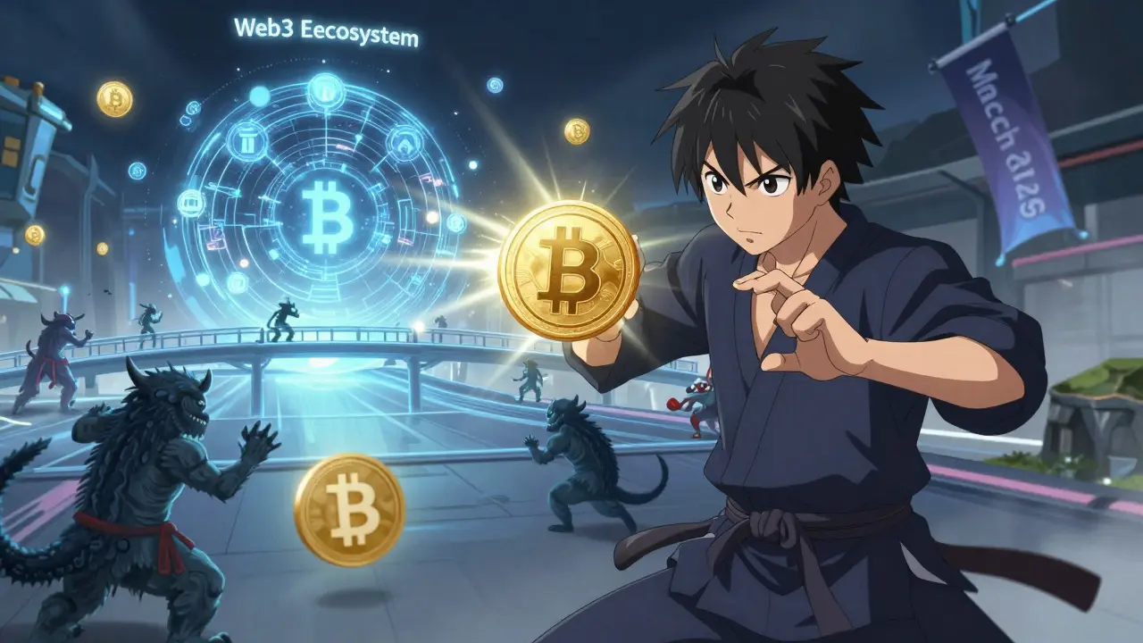 Un héros entraîne dans un dojo numérique, transformant des trades en tokens BXT et reliant BXTEN à un écosystème Web3.