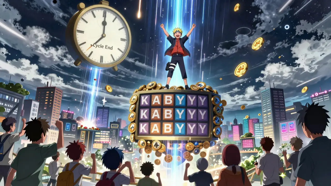 Un héros triomphe sur un classement géant de jetons KABY, tandis qu'une pluie de tokens tombe sur une ville en liesse.