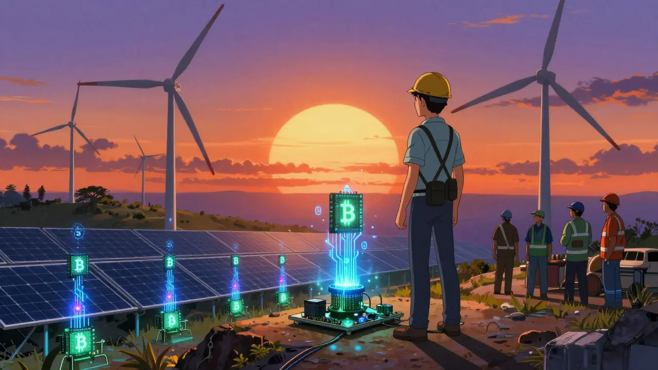 Un ingénieur surveille une ferme de minage solaire-éolienne à Cuba, sous un ciel crépusculaire.