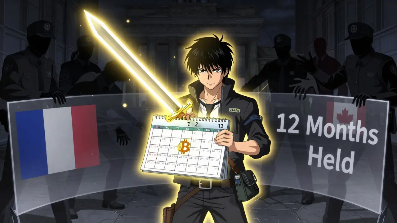 Un investisseur à Berlin brandissant une épée de calendrier de 12 mois, entouré d'une aura d'exemption fiscale.