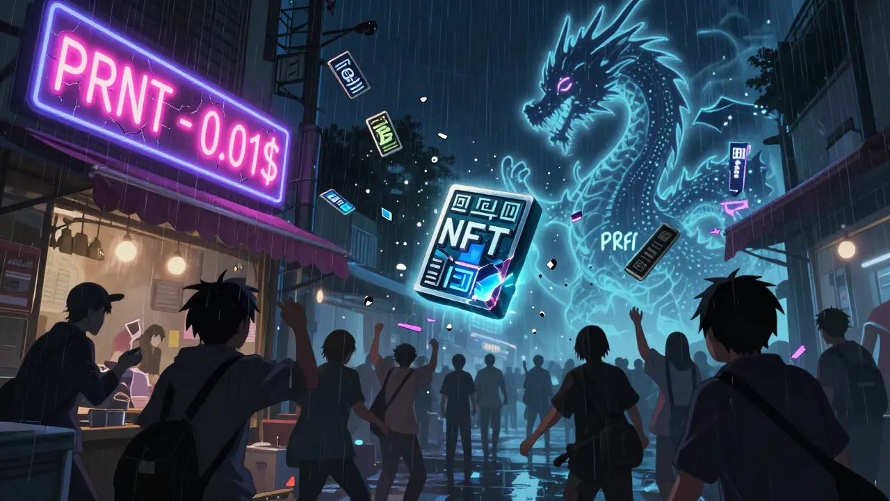 Un marché désespéré avec des jetons PRNT qui disparaissent, tandis qu'un symbole mystérieux PRFI flotte dans l'ombre.