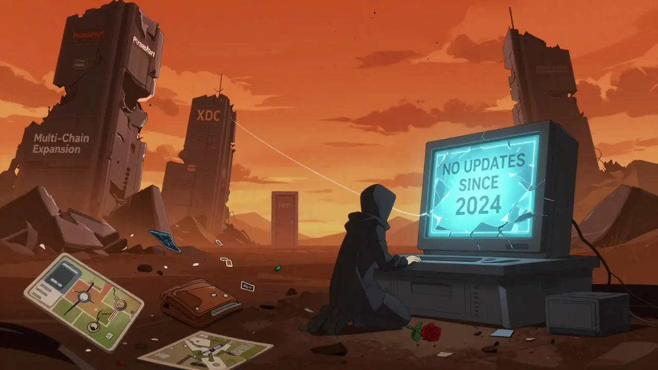 Un paysage numérique en ruines avec une porte fermée marquée PRFI, symbole d'un projet abandonné.