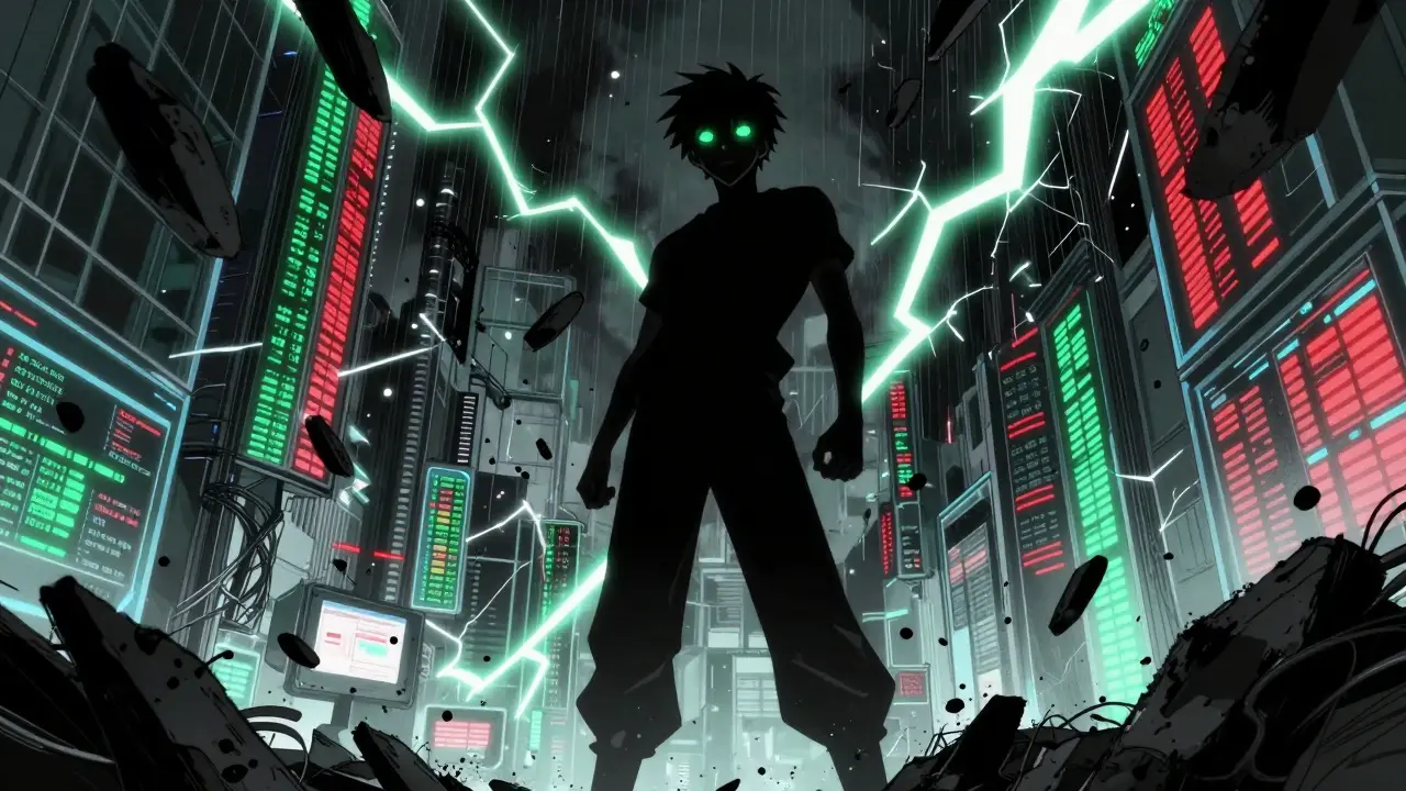 Un personnage solitaire face à une tempête de données numériques.